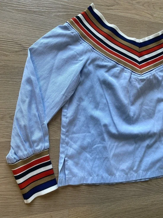 English Factory Blue Off Shoulder Stripe Trim Top Small Preppy Coastal Chic - Picture 3 of 10